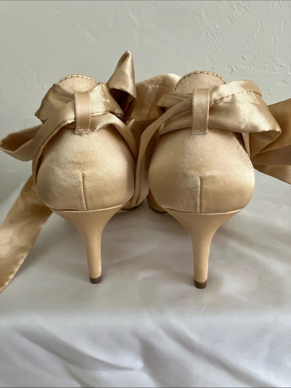 Pearl-T Satin Ankle Tie Pumps in Champagne